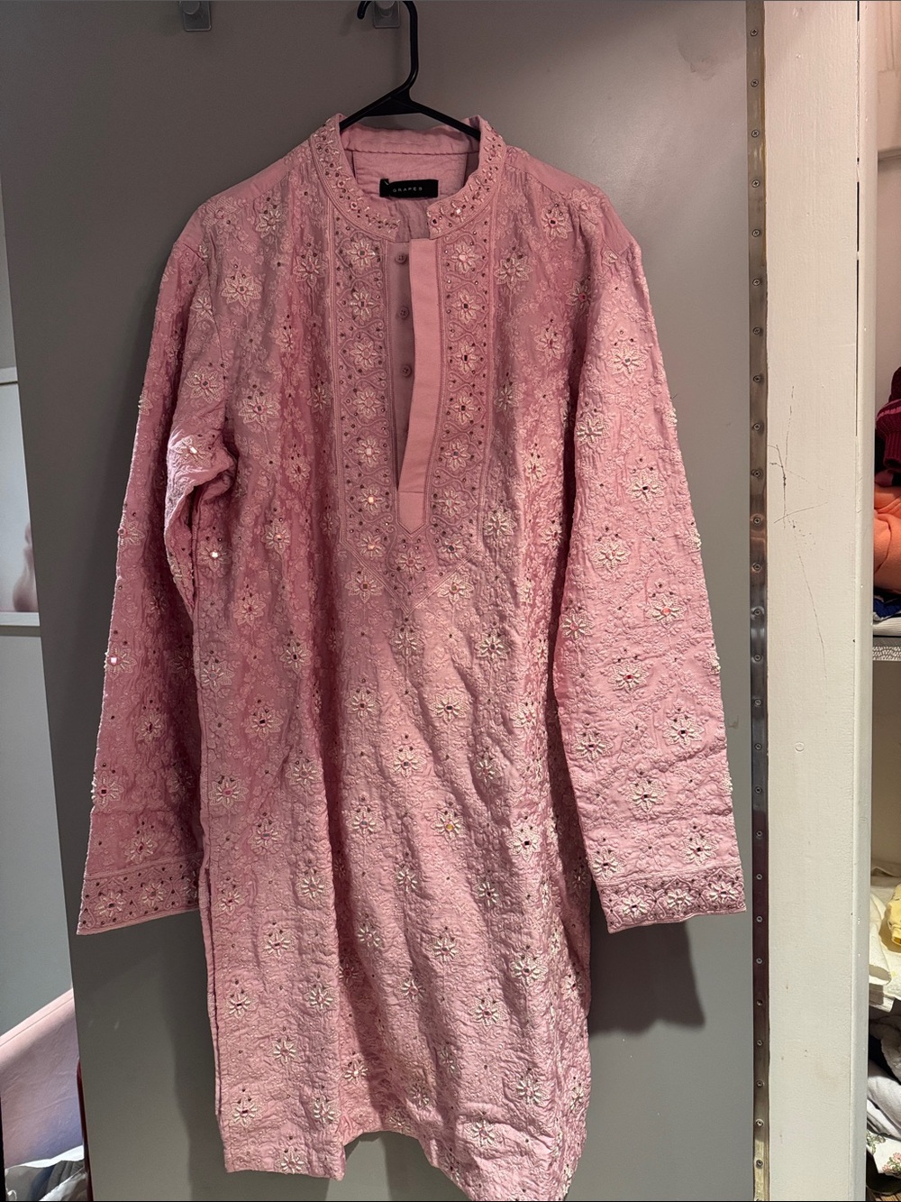 Pink Embroidered Mens Kurta